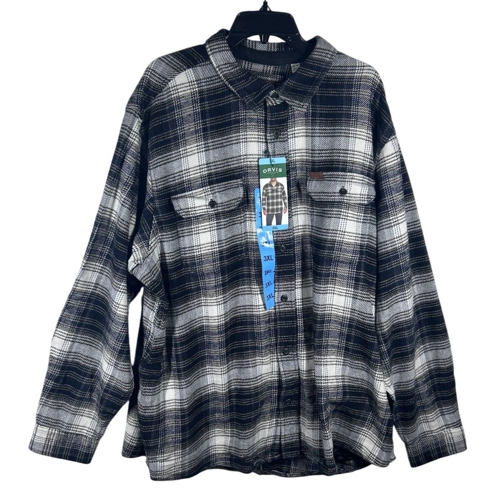 ORVIS Plaid Flannel Men's 3XL Gray, Black & White LS Button Up Shirt Pockets NEW